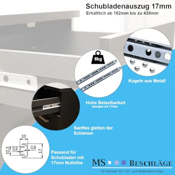 MS Beschläge Teleskopauszug Teilauszüge Schubladenauszug Auszugsschiene h 17mm, Stahl, Hochglanz verzinkt, 182mm Länge – Bild 5