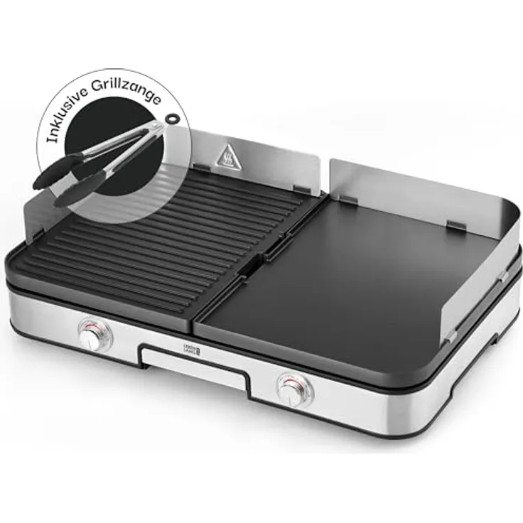 LEBENLANG Elektrogrill Tischgrill elektrisch - Inkl. Grillzange & Spritzschutz I 2400W Für Drinnen & Draußen I Elektrischer Plattengrill Indoor Grills Indoorgrill, Gusseisen-Optik