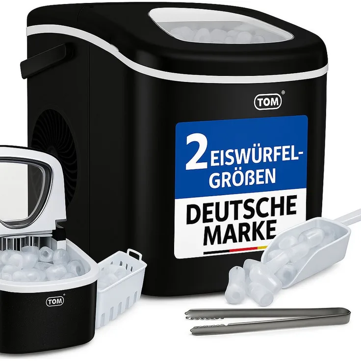 TOM Eiswürfelmaschine IC-120, 1,3L, 12kg in 24h, herausnehmbarer Korb, Schwarz, Sichtfenster, Eiszange inklusive
