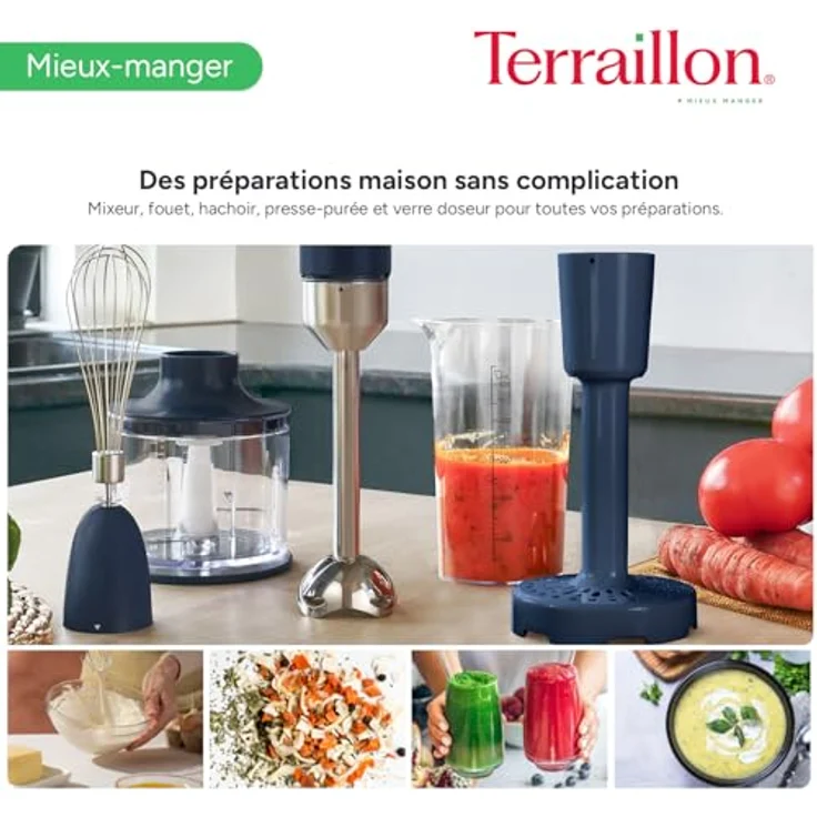 Terraillon New Moon Elektrischer Stabmixer, 1000 W, Edelstahlklingen, Turbo-Funktion, variable Geschwindigkeit, Messbecher, Schneebesen, Zerkleinerer 600 ml, Kartoffelpresse, lackiert – Bild 4