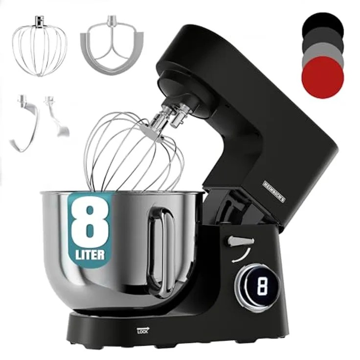 Heinrich's HKM 8080, Küchenmaschine 2500 W mit 8 L Edelstahl-Schüssel und 8 Geschwindigkeiten, Schwarz