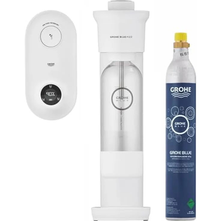 GROHE Blue Fizz Advanced - Wassersprudler Set (mit CO2-Füllstandsanzeige, 3 einstellbare CO2 Stufen, 1x CO2 Flasche, 1x 0,85l Wasserflasche + Reinigungspulver), weiß, 31945L00 – Bild 1