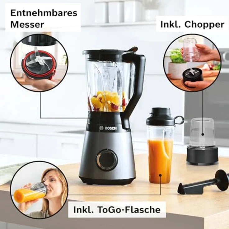 Bosch 4242005319275 VitaPower Standmixer, 1200 Watt, 1,5 Liter, bis zu 30.000 U/min, inkl. Tritan ToGo-Flasche 0,6 L, Zerkleinerer,Stopfer, 4-Klingen-Messer, Kunststoff, Glas, schwarz, silber – Bild 3
