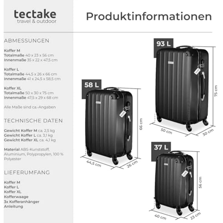 tectake Premium 3er Kofferset Talia, 3-teilig aus robustem ABS-Kunststoff, inkl. Kofferwaage und -anhänger, in Schwarz – Bild 7