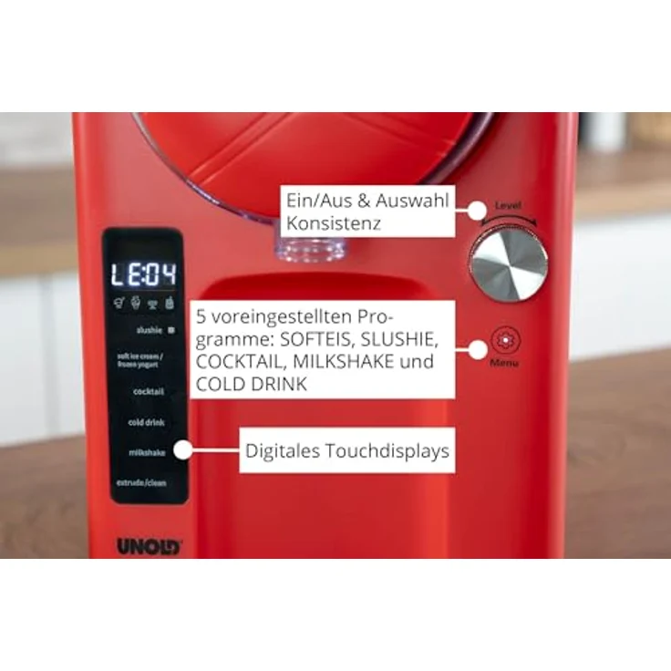 Unold 48953 Softeismaschine Sofie, Slush- und Softeis mit Kompressor, 2 L, 5 Programme, spülmaschinengeeigneter Behälter, rot – Bild 4