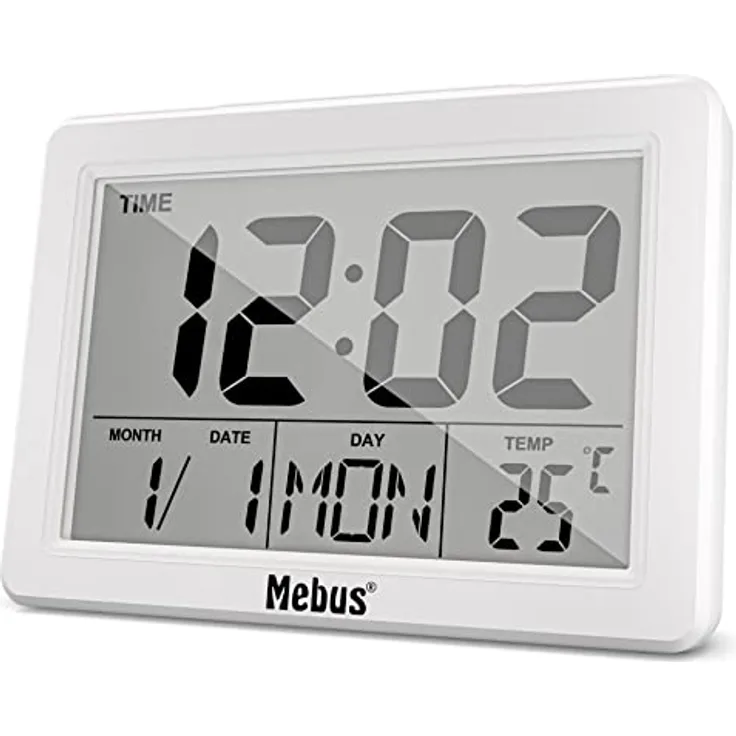 Mebus 25738 Quarz-Wecker, digital mit extra großem Display, Innenthermometer und Hintergrundbeleuchtung, Weiß