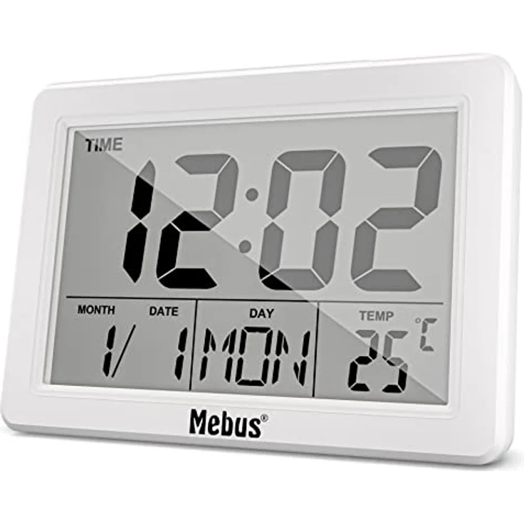 Mebus 25738 Quarz-Wecker, digital mit extra großem Display, Innenthermometer und Hintergrundbeleuchtung, Weiß – Bild 1
