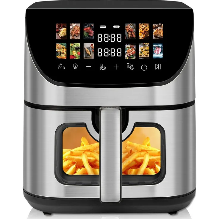 WHEELYOU Heißluftfritteuse XXL Airfryer 9L, 1800 W, LED-Farbdisplay, Sichtfenster, spülmaschinenfester Frittierkorb, schwarz mit LED-Beleuchtung