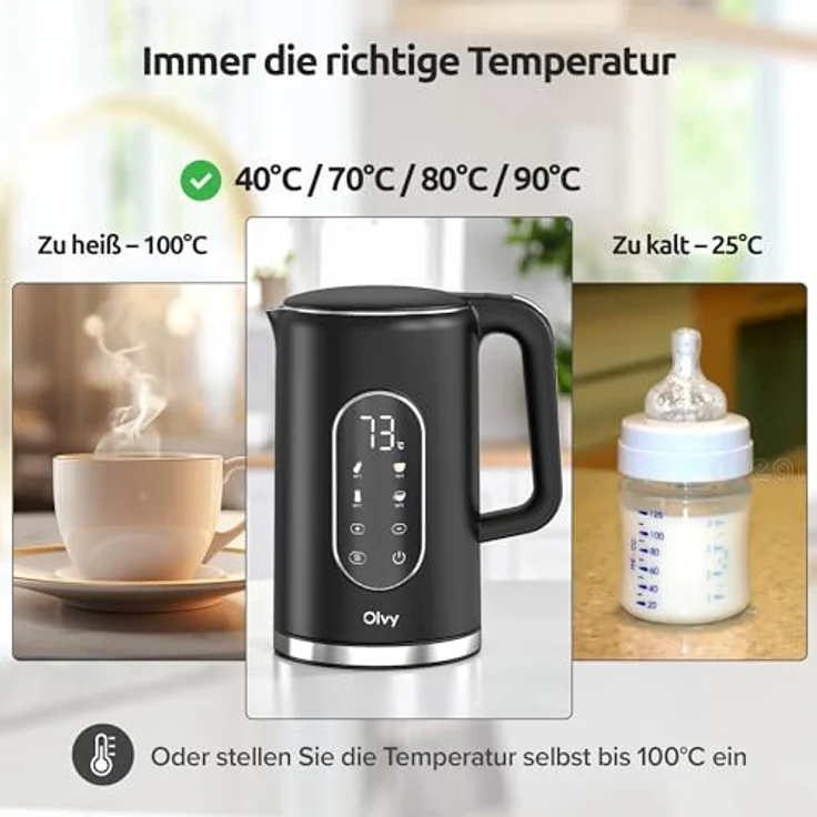 Olvy Wasserkocher mit Temperatureinstellung 1,7L – Edelstahl, LCD-Display, 2200W, BPA-frei, Warmhaltefunktion, Temperaturwahl 40–100°, Kalkfilter, cool touch – Bild 7