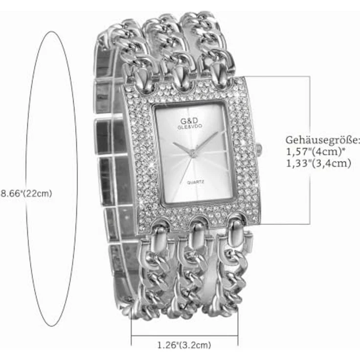 JewelryWe Damen Armbanduhr, Elegant Analog Quarz mit Strass, Rechteckig, Silber, dreifach Panzerkette Armband – Bild 5