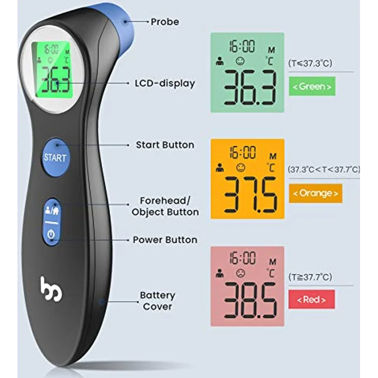 Fieberthermometer für Babys, Kinder und Erwachsene, kontaktloses Stirnthermometer Infrarot Thermometer mit sofortiger genauer Ablesung, Fieberalarm, Schwarz, Lcd – Bild 3