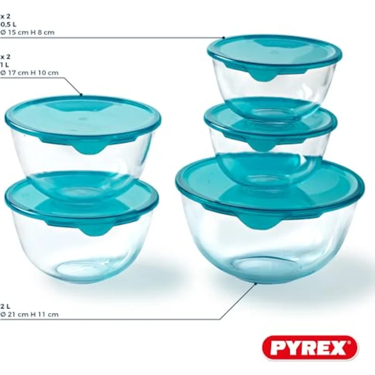 Pyrex® Set mit 5 Rührschüsseln aus borosilikat Glas, BPA-frei, mikrowellen- und backofengeeignet (2 x 0,5 l + 2 x 1 l + 1 x 2 l) – Bild 4