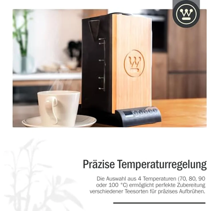 Westinghouse Bambus Elektrischer Teekocher, 1.7 Liter, Temperatureinstellung, Warmhaltefunktion, Kalkfilter, Trockengehschutz, Bambus-Design – Bild 4