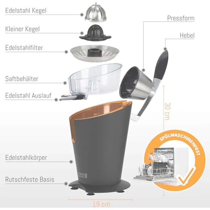 LEBENLANG Orangenpresse elektrische Edelstahl 600W - Hohe Saftausbeute für Orangen & Zitronen - BPA-Frei - Matt Schwarz – Bild 3
