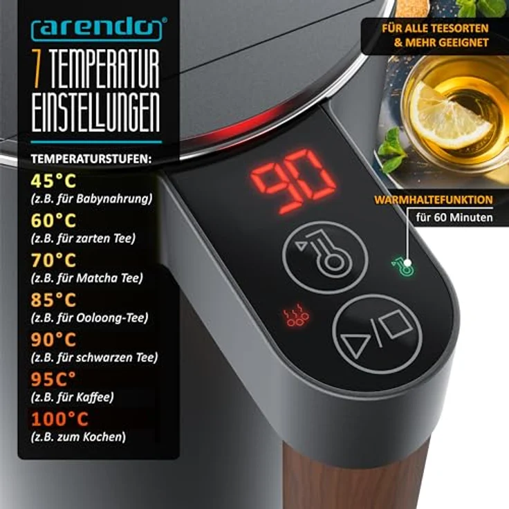 Arendo - Wasserkocher mit Temperatureinstellung - Edelstahl - 1.5 Liter - BPA frei - Warmhaltefunktion - Teekocher - Cool Touch - Cool Grey – Bild 3