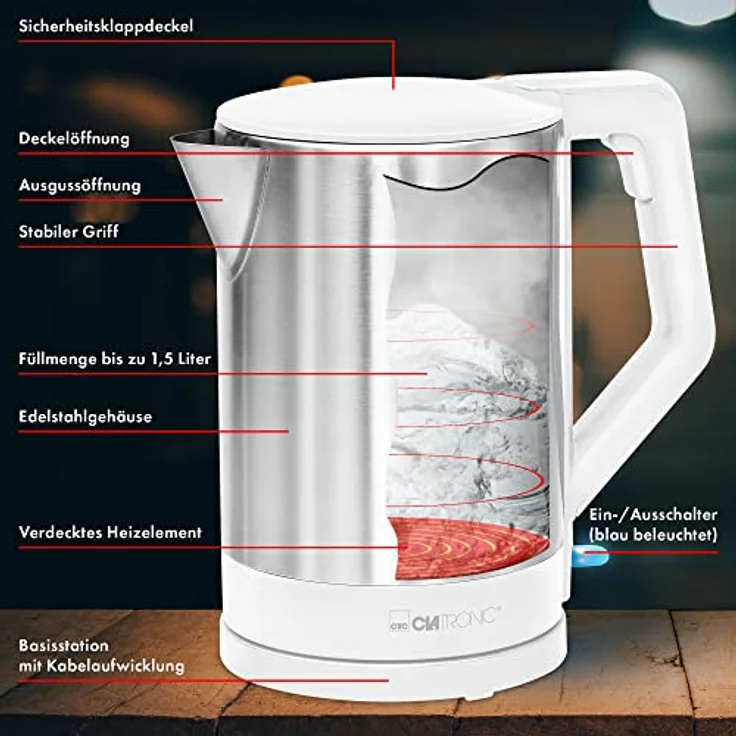 Clatronic WKS 3692 Wasserkocher 1,5 L, verdecktes Edelstahlheizelement, automatische Abschaltung, Basisstation mit Kabelaufwicklung, 2200 W, Weiß -Edelstahl – Bild 5