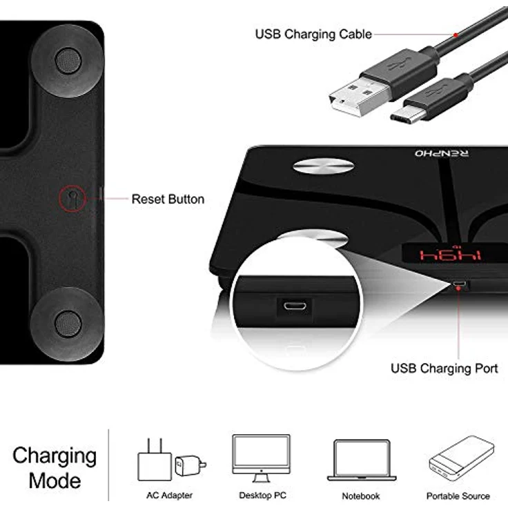 RENPHO Personenwaage Digital Waage mit körperfett und muskelmasse, USB Wiederaufladbare, Bluetooth Körperfettwaage mit Hochpräzisions-Sensoren, 180kg, 280x280 mm – Bild 2