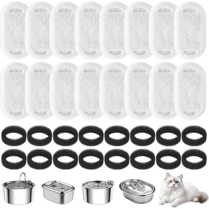 Ersatzfilter für Katzen-Trinkbrunnen, 32 Stück (16x Aktivkohlefilter, 16x Schaumfilter), für Edelstahlbrunnen 2L/3,2L/4L, effektive Dreifachfiltration, einfacher Wechsel