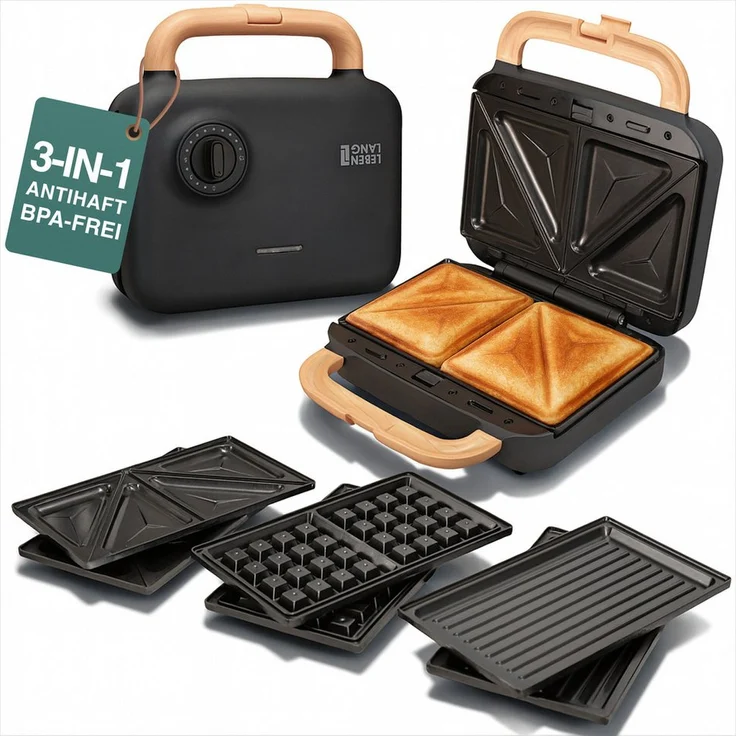 Lebenlang 3-in-1 Sandwichmaker, Kombigerät mit 750 W, Timer und hochwertigem Holzdesign für Sandwiches, Waffeln und Paninis