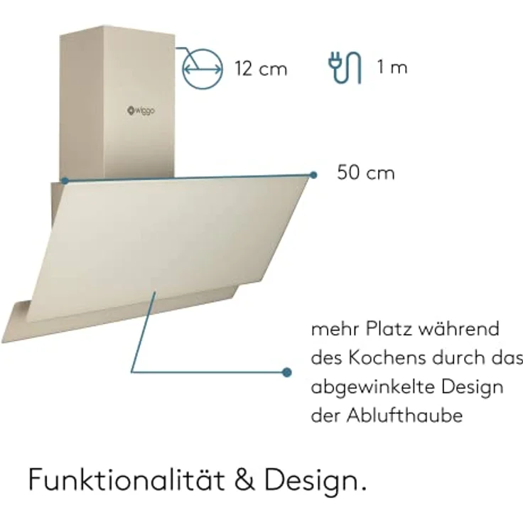 Wiggo Dunstabzugshaube 50cm kopffrei I Abluft Umluft Dunstabzug 300m³/h - LED Touch-Display 3 Stufen I Schräghaube inkl. Fettfilter & 2x Kohlefilter I Abzugshaube mit 2 teiliger Glasfront creme – Bild 5