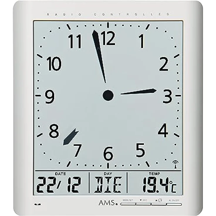 AMS Funkwanduhr F5898 (Quarzuhr, mit Alarm, Datum, misst Raumtemperatur und Luftfeuchtigkeit, schwarz) – Bild 2