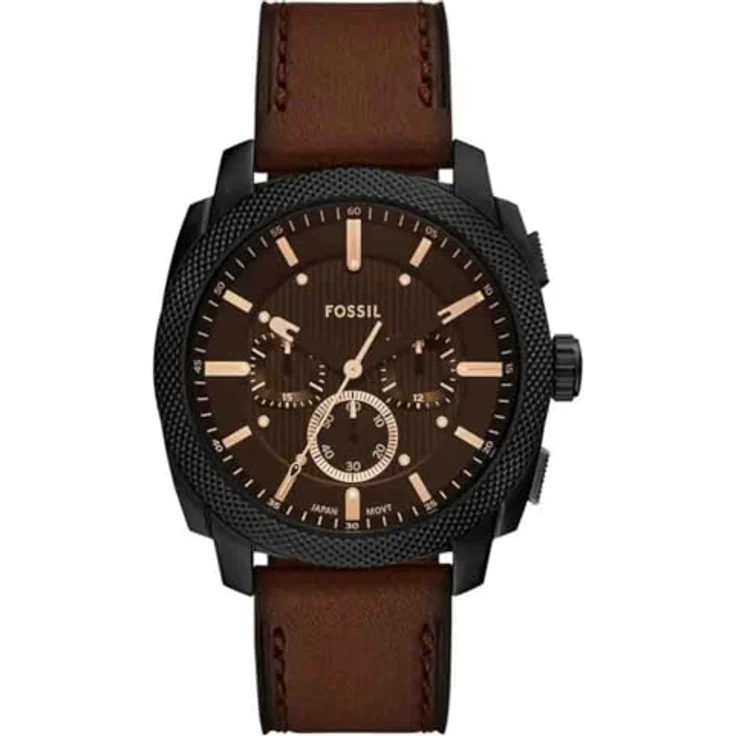 Fossil Herren Analog Quarz Uhr FS6101, 44mm Edelstahlgehäuse, schwarzes Ziffernblatt, braunes Lederarmband, wasserdicht bis 50m, Quarzwerk mit Chronographen-Analoganzeige – Bild 1