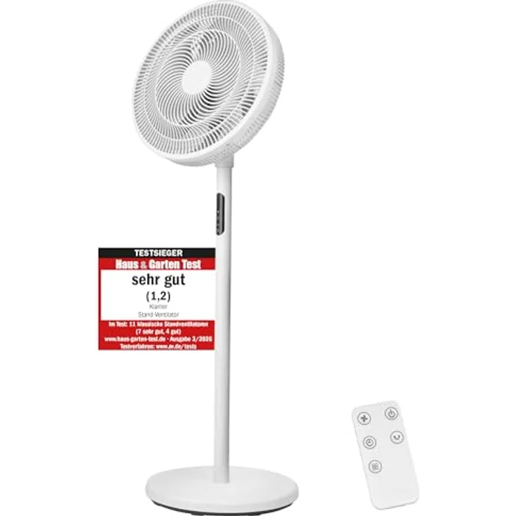 KLAMER Standventilator leise mit Fernbedienung, 12 Geschwindigkeiten, 3 Modi, 85° Oszillation, 8h Timer