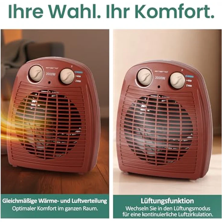 Emerio Heizlüfter FH-106737.13, 2000W für bis zu 25 m², 2 Heizstufen, Ventilationsfunktion, einstellbarer Thermostat, Kippschutz, Rot – Bild 7