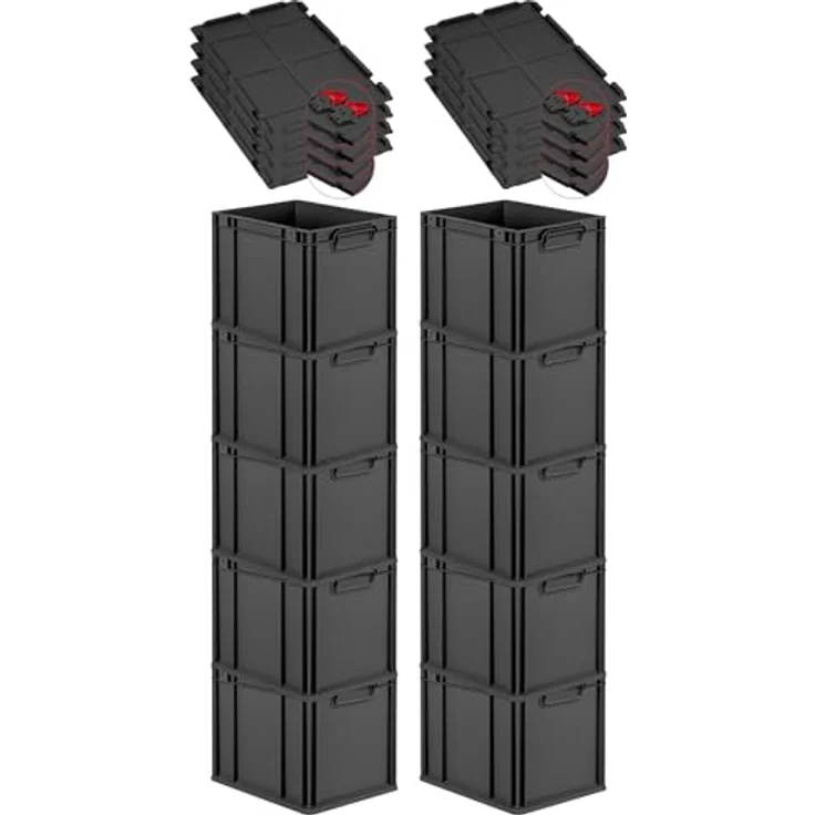 PROREGAL SuperSparSet 10x Eurobox NextGen Grip, 30L, Schwarz, mit Scharnierdeckel und roten Schiebeschnappverschlüssen, HxBxT 32x30x40cm, stabil und stapelbar – Bild 1