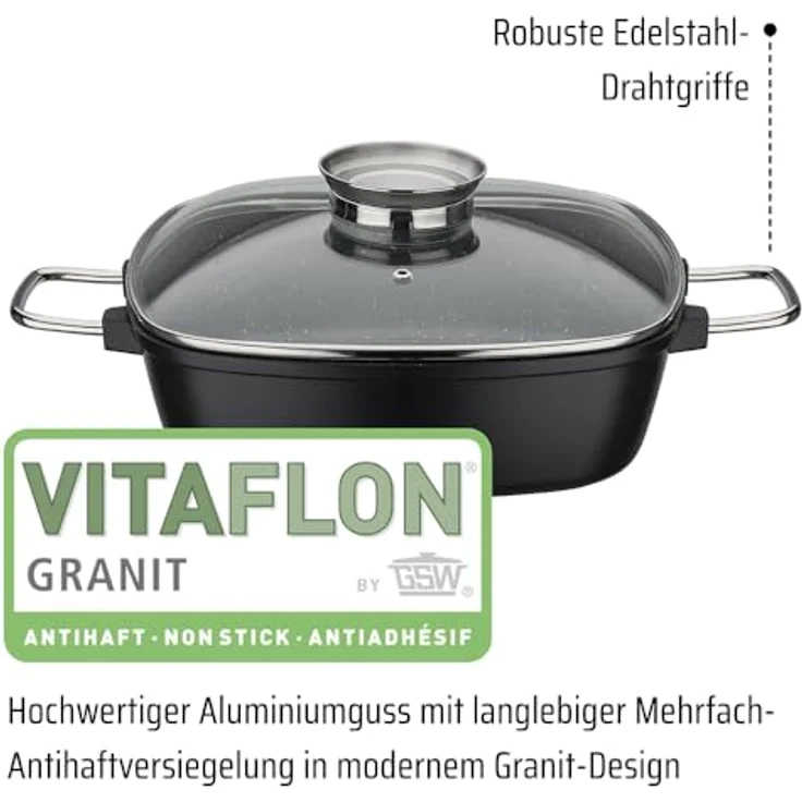 GSW 414579 Viereckbräter Gourmet Granit 28x28cm, Aluminium, Glas, schwarz – Bild 4