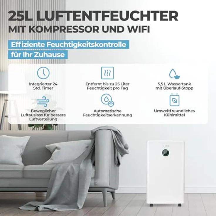 KLAMER Luftentfeuchter elektrisch 25L, 180m³ Luftumwälzung pro Stunde, 440W, App-Steuerung, kompakt und mobil – Bild 2