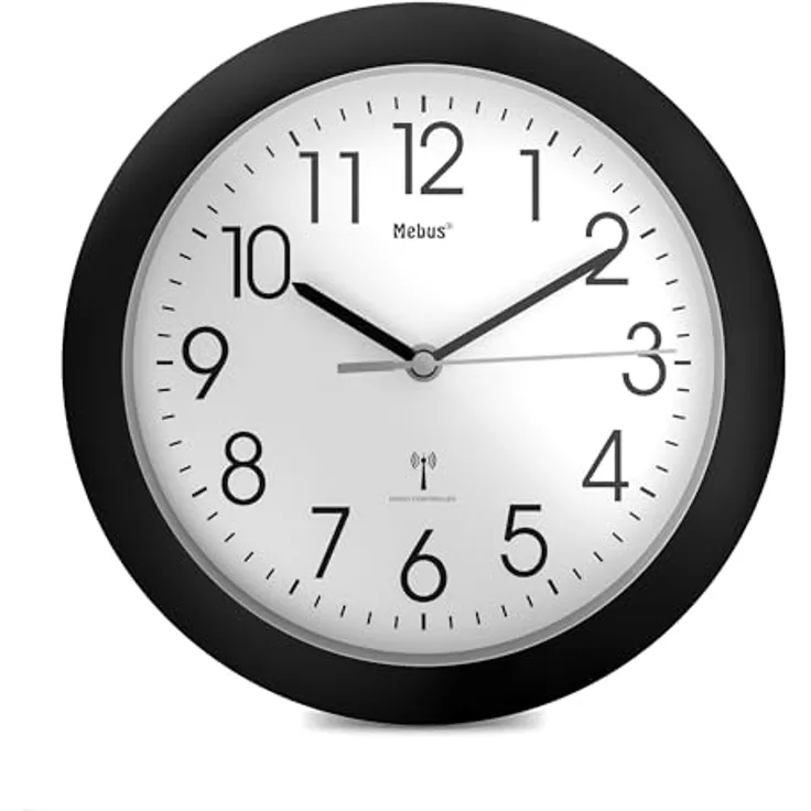 Mebus Schwarz Funk-Wanduhr mit 25 cm Durchmesser, Kunststoff