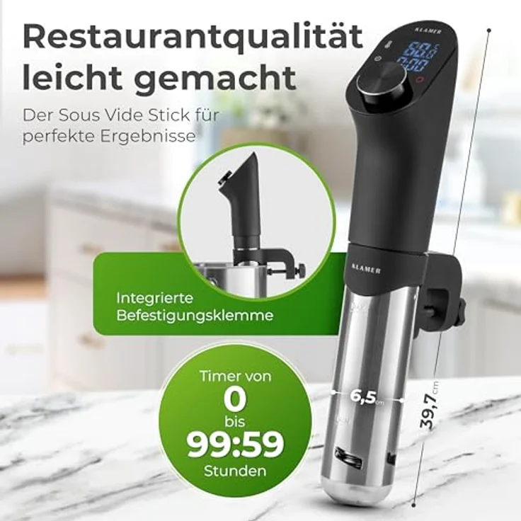 KLAMER 675051 Sous Vide Stick, 1200 Watt, wasserdichter Sous Vide Garer, mit 20-95? Temperaturregelung, Timerfunktion und LED Display – Bild 4