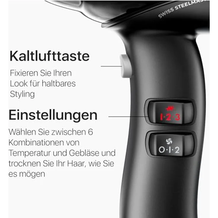 Valera, Swiss Steel Master, professioneller Haartrockner aus verchromtem Premium-Stahl, leichter Föhn mit leistungsstarkem Motor, 3 Temperaturstufen, Ionen-Generator, verdrehsicheres Flex-Kabel, 2100W – Bild 5