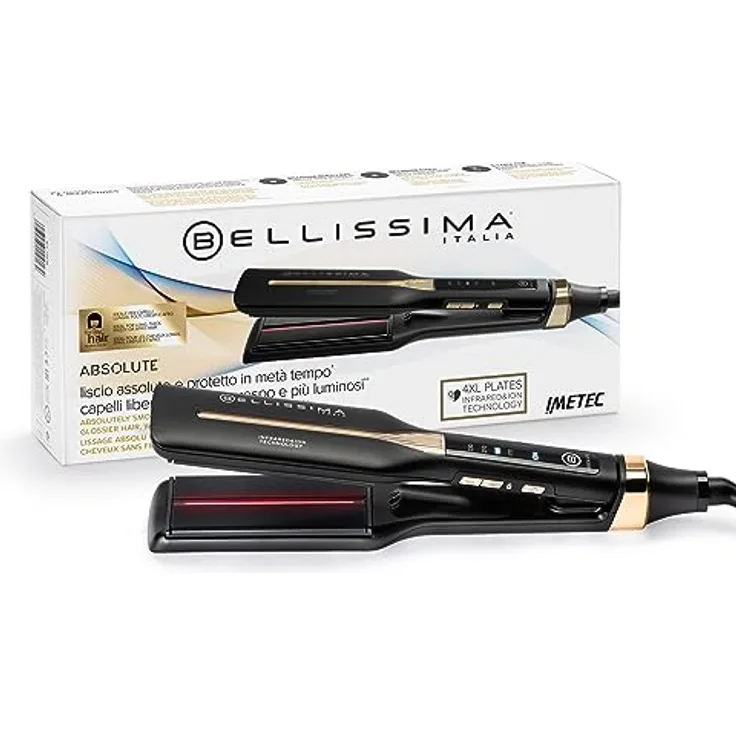 Bellissima Infrarot-Glätteisen, 4 Heizelemente, Keramik- und Keratinbeschichtung, 4 Temperaturen, flexibles Glätteisen, abgerundetes Design, schnelle Erwärmung, Beauty Bag