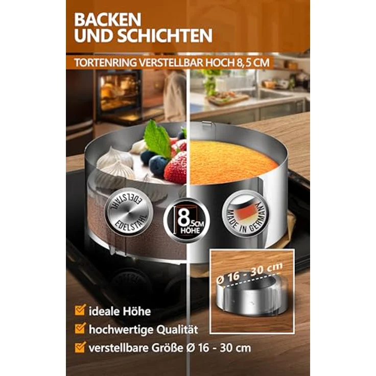 4smile Torten-Zubehör-Set 5 Teile, verstellbarer Tortenring hoch 8,5 cm, Tortenschneider, Tortenheber, drehbare Tortenplatte, Streichpalette, Edelstahl – Bild 3