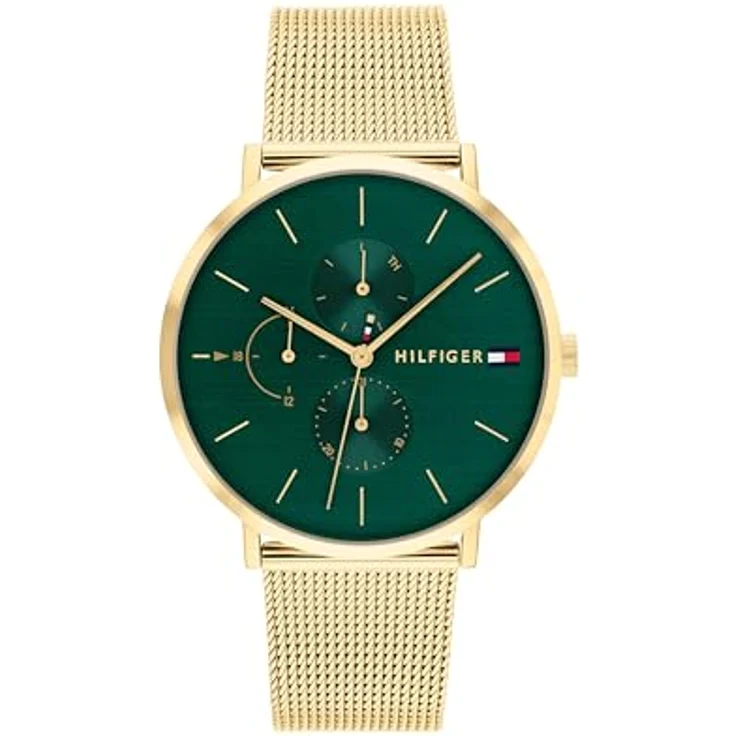 Tommy Hilfiger Damen Multifunktions-Quarz-Uhr mit smaragdgrünem Zifferblatt, 3 Hilfszifferblätter, wasserdicht bis 3ATM, 316L Edelstahl-Mesh-Armband mit Gelbgold-Ionenplattierung – Bild 1