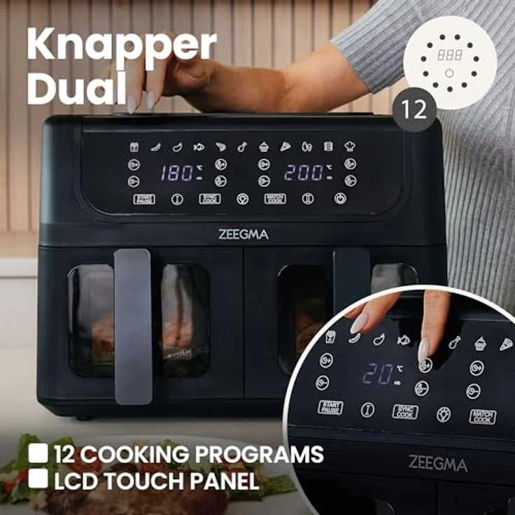 Zeegma KNAPPER DUAL Heißluftfritteuse 1700 W, 9 L Fassungsvermögen, 11 Programme, Touch-Bedienfeld, Schwarz – Bild 3