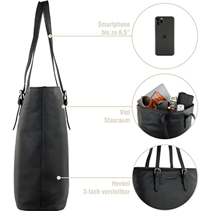 Bugatti Bella Shopper, geräumige Einkaufstasche aus Rindleder mit gepolstertem Laptopfach, schwarz – Bild 4