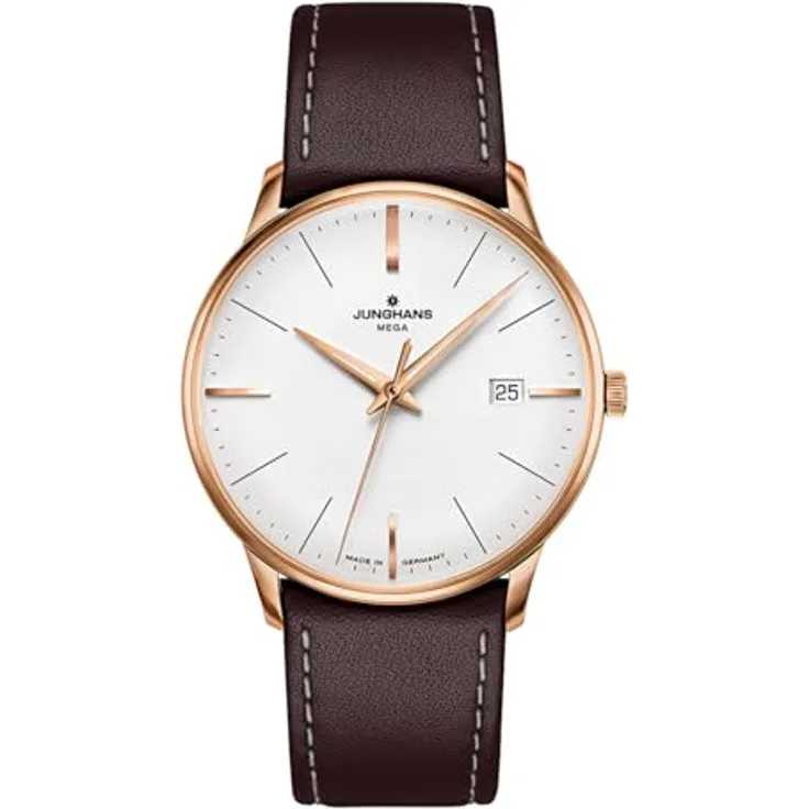 JUNGHANS Meister Mega Herrenuhr Funk, Lederarmband braun, Edelstahl roségoldfarben, antireflexives Saphirglas, Quarzwerk