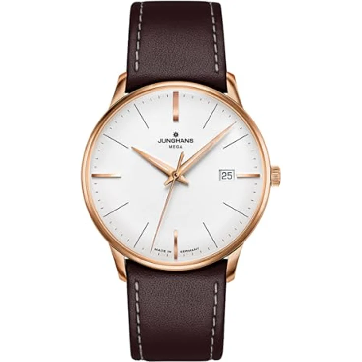 JUNGHANS Meister Mega Herrenuhr Funk, Lederarmband braun, Edelstahl roségoldfarben, antireflexives Saphirglas, Quarzwerk – Bild 1