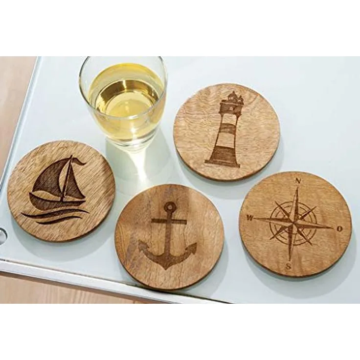 4 Holz Untersetzer maritim-mit Symbole von Anker-Schiff-Windrose-Leuchtturm,D.xH. =10cm x 0,5cm,aus Mangoholz