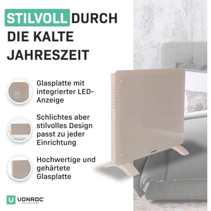 VONROC Glass convector heater 1000W, WiFi-fähig, beige mit LED-Anzeige für Räume bis 12 m² – Bild 2