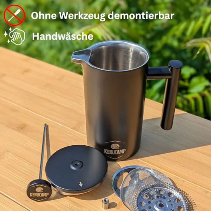 Kenucamp® French Press 800ml, Isolierende Edelstahl Kaffeepresse (Schwarz), Doppelwandig & Langlebig, Thermo Kaffeebereiter für 2–3 Tassen – Bild 4