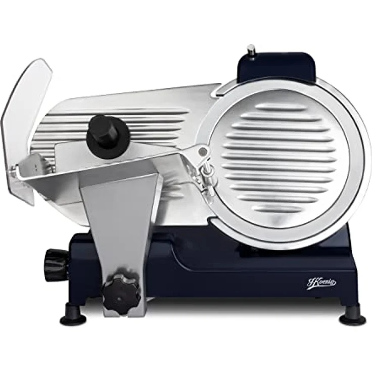 H.Koenig Elektrischer Allesschneider für Schinken, Fleisch, Wurst, Brot, MSX256, Schnittstärke 0–12 mm, italienische Klinge 25 cm, integrierter Messerschärfer, große Platte, 282 U/min, blau, Nachtblau – Bild 1