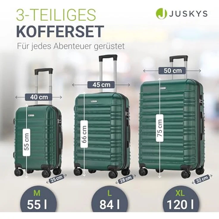 Juskys Hartschale Kofferset Reisekoffer 3-teilig, Zahlenschloss, geräuscharme 360° Rollen, Teleskopgriff, leicht, dunkelgrün – Bild 4