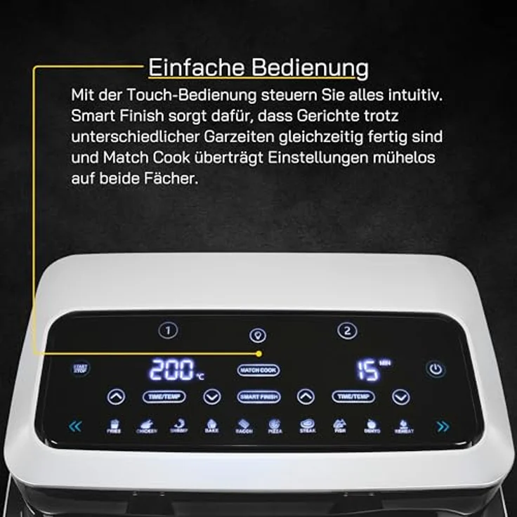 GUTFELS AIRFRY5010 Heißluftfritteuse Schwarz-Silber | 2600 W | 8,5 L / 2x 4,2 L Fassungsvermögen | Match Cook | Smart Finish – Bild 4