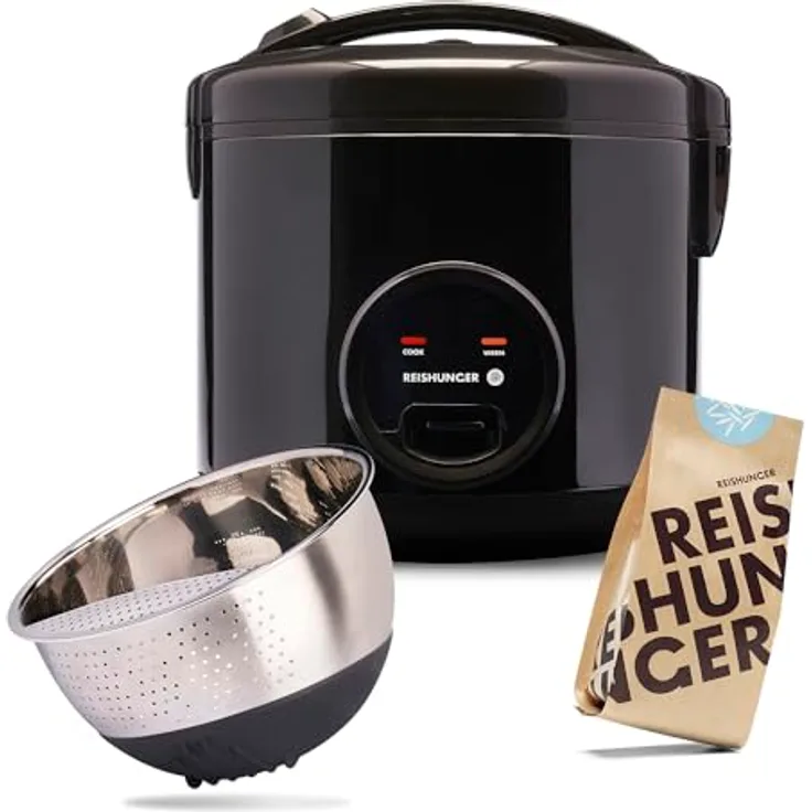 Reishunger REISHUNGER Basis Reiskocher Starter Set, Großer Basis Reiskocher schwarz Keramik, Reiswaschschüssel Edelstahl (Schwarz), 8-teiliges Reisset, 1,8l Fassungsvermögen, automatischer Warmhaltemodus