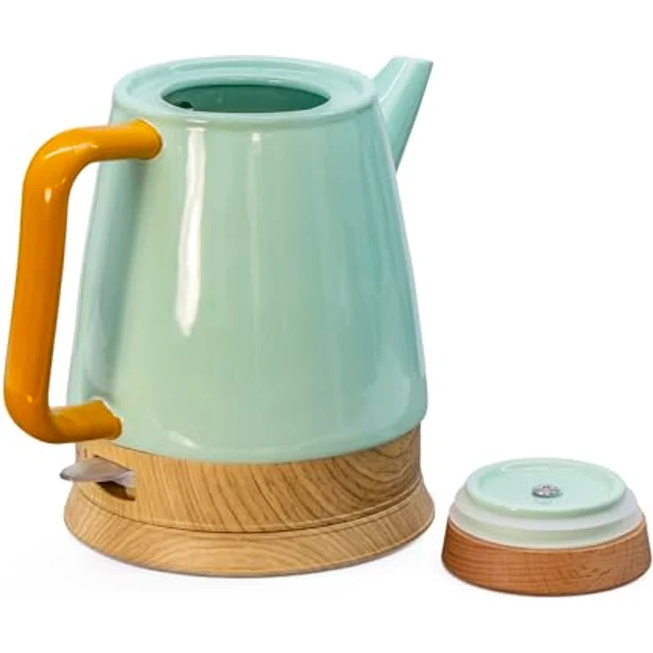 Kvota Elektrischer Keramik Wasserkocher 1,5 L mint/holz – mit echtem Holzdeckel, 360° drehbarem Sockel, LED-Betriebsanzeige, BPA-frei, Trockengehschutz, Retro Design – Bild 5