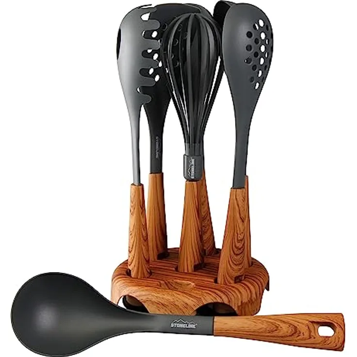 STONELINE Back to Nature 8-teiliges Küchenhelfer Set, Holzoptik, drehbarer Ständer, Kochbesteck für antihaftbeschichtes Koch- und Backgeschirr, stylisches Küchen Zubehör